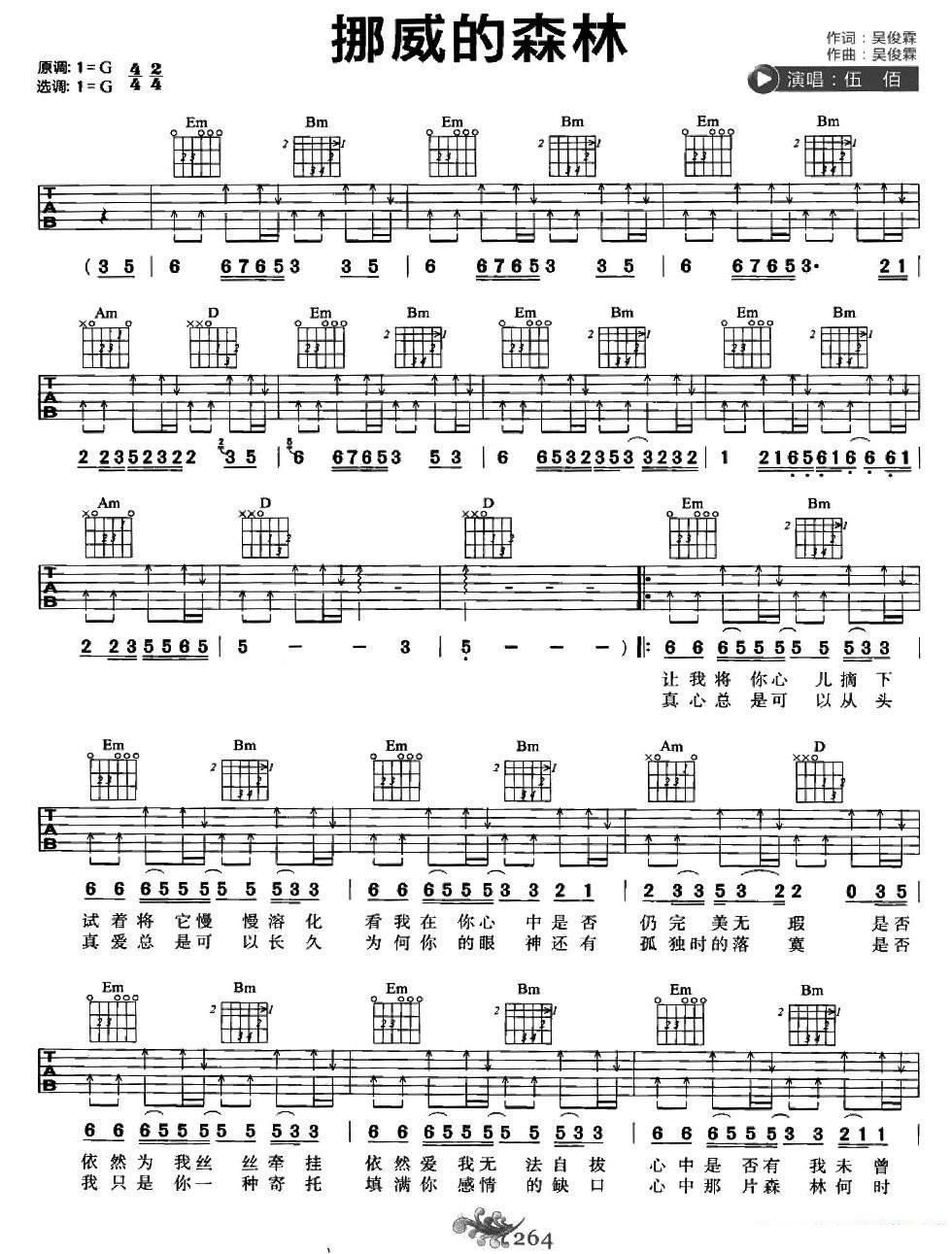 伍佰《挪威的森林》吉他譜/六線譜（第1頁）